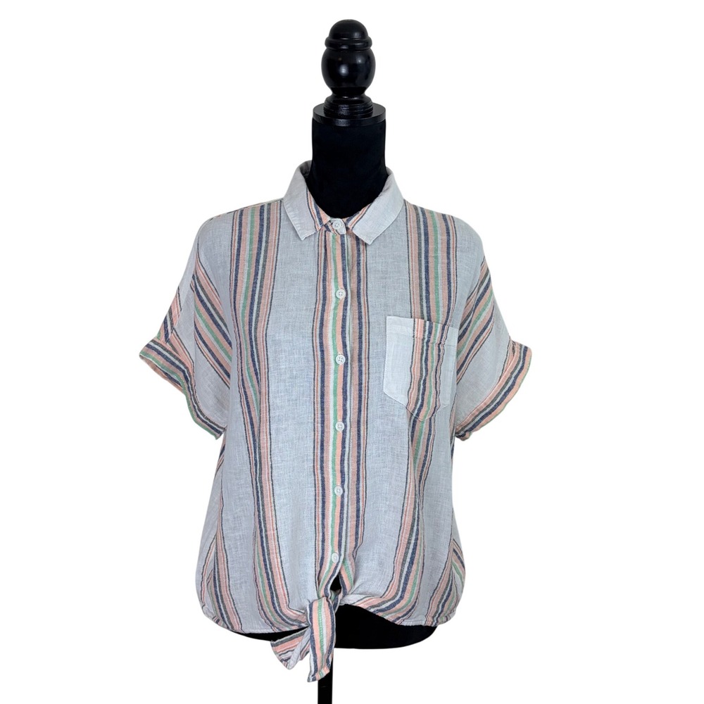 Beach lunch lounge Linen Blend Striped‎ Tie Front Shirt Womens M White Coastal